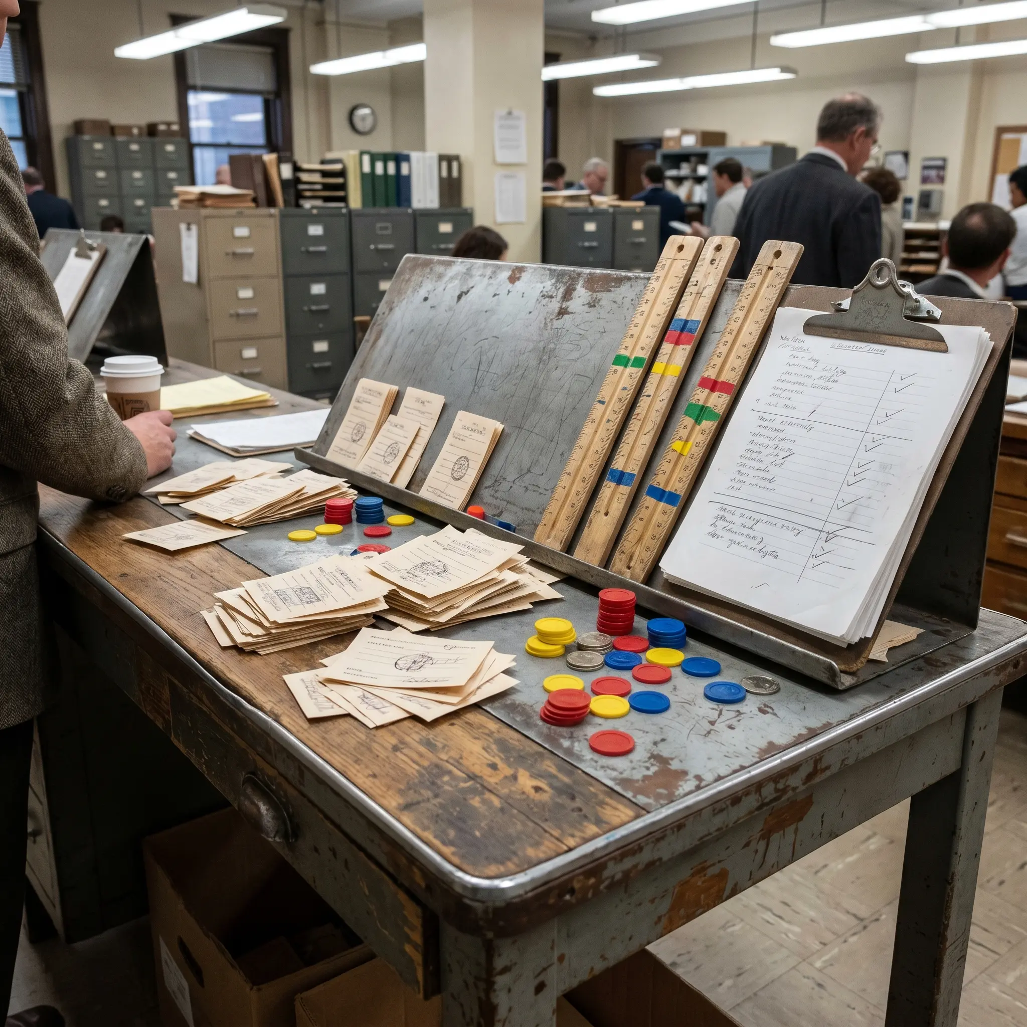 A public audit desk with evidence slips and source markers